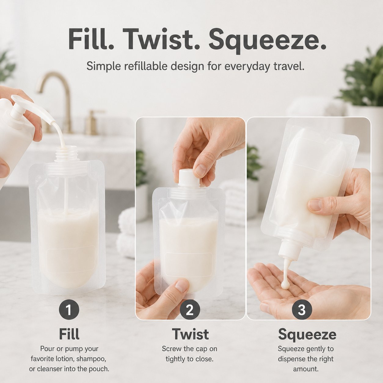 Three-step instructions showing how to fill, close, and squeeze the reusable travel pouch