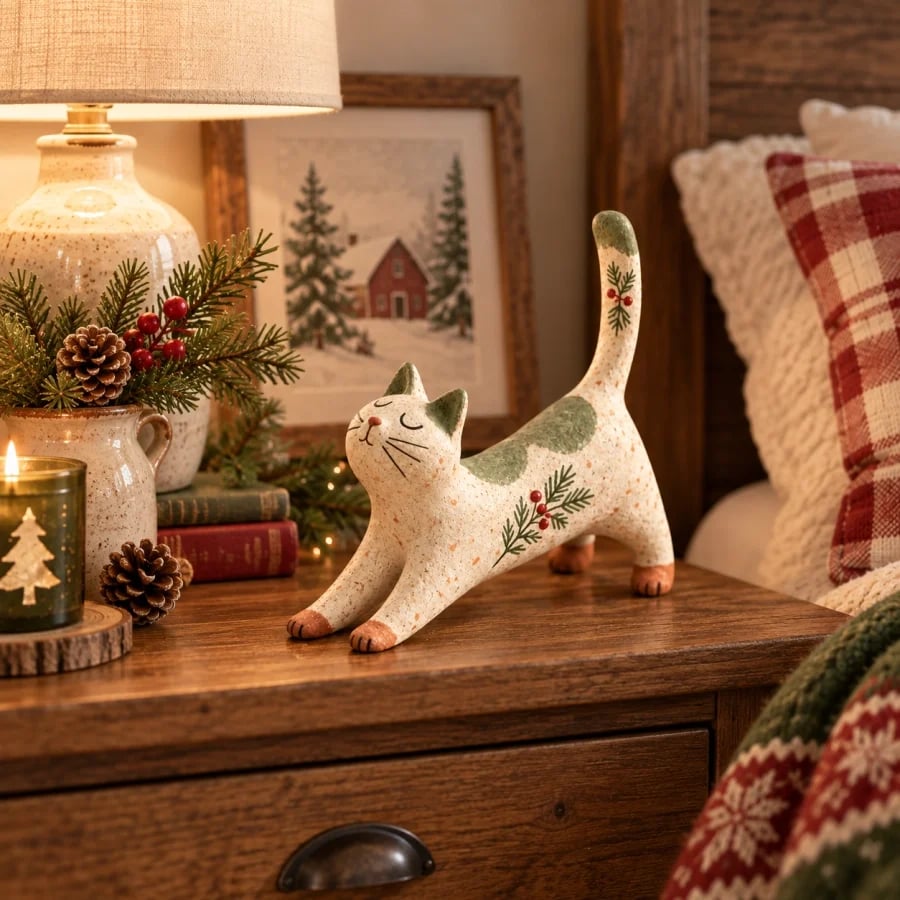 Woodland Christmas Cat Figurine styled beside a warm holiday bedside display