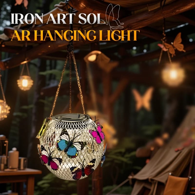 Solar butterfly iron hanging lantern garden pendant light