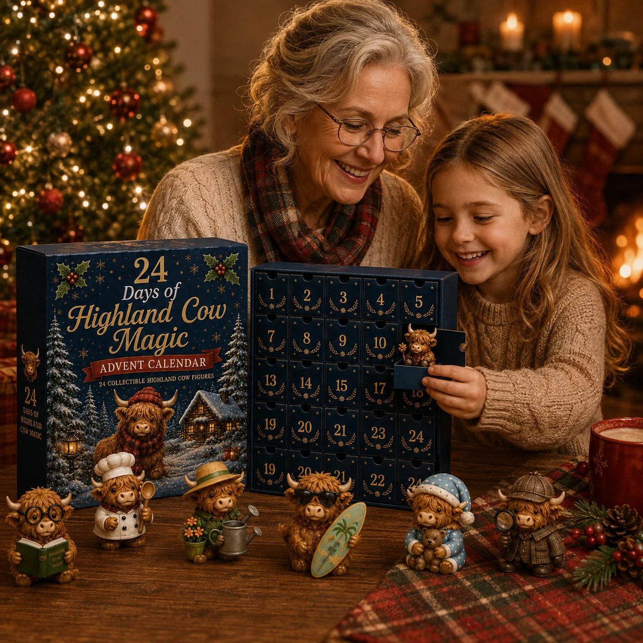 Highland Cow characters displayed together as Christmas farmhouse decor