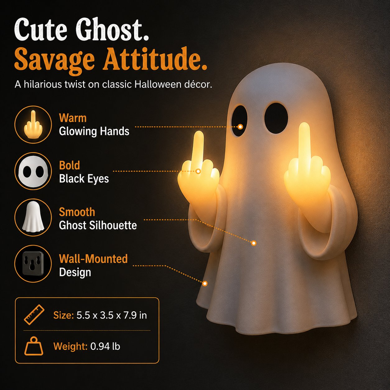 Funny white Halloween ghost with glowing hands