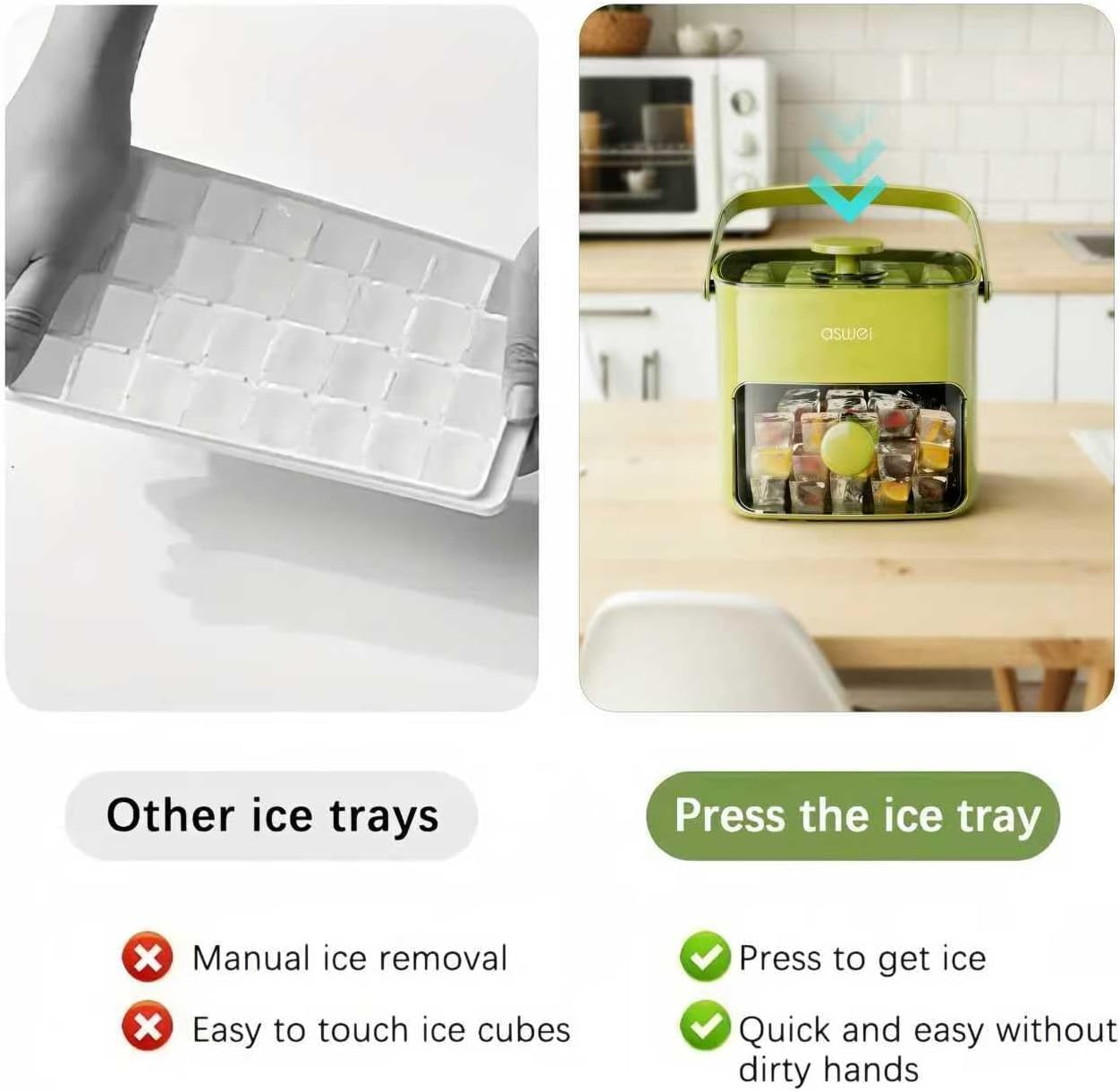 Press ice tray compared with ordinary ice trays