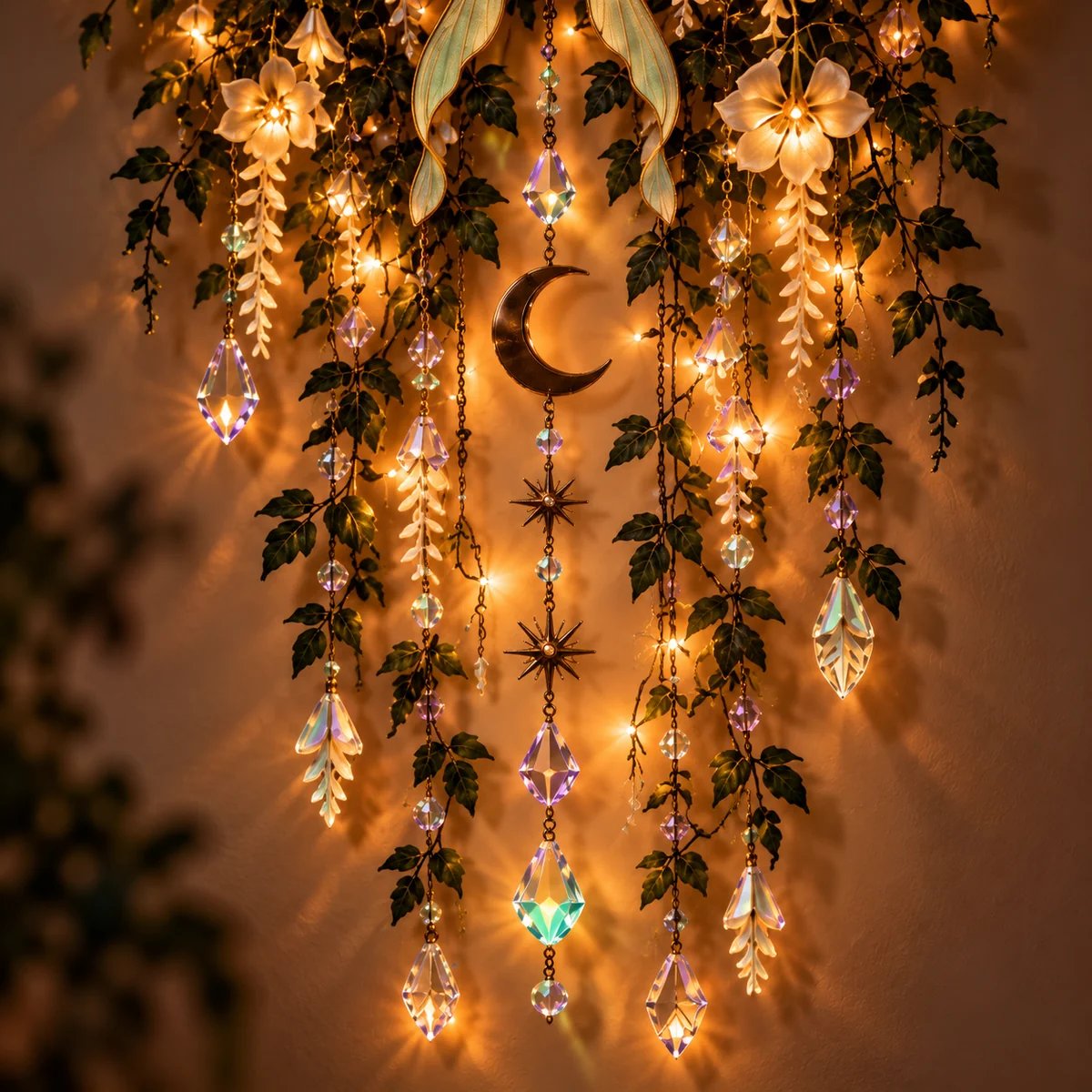 Close up of cascading crystal moon and decorative details