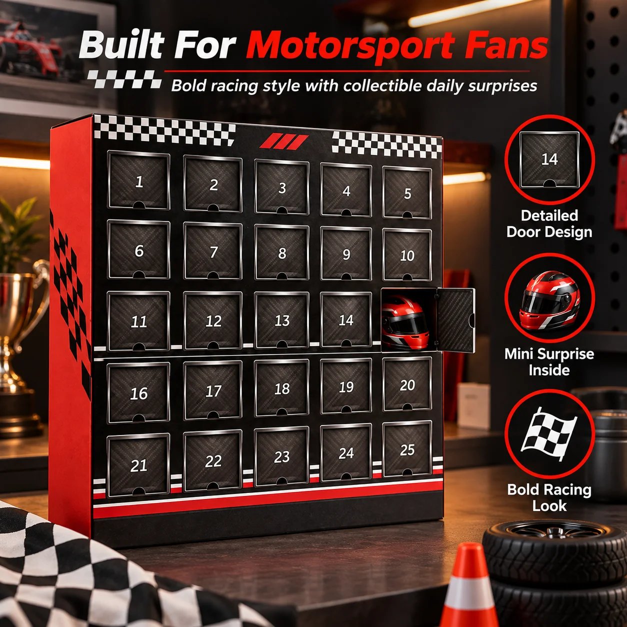 Black and red 25 day racing advent calendar with checkered graphics and detailed numbered doors