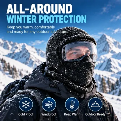 Winter windproof full-face balaclava worn in a snowy mountain setting