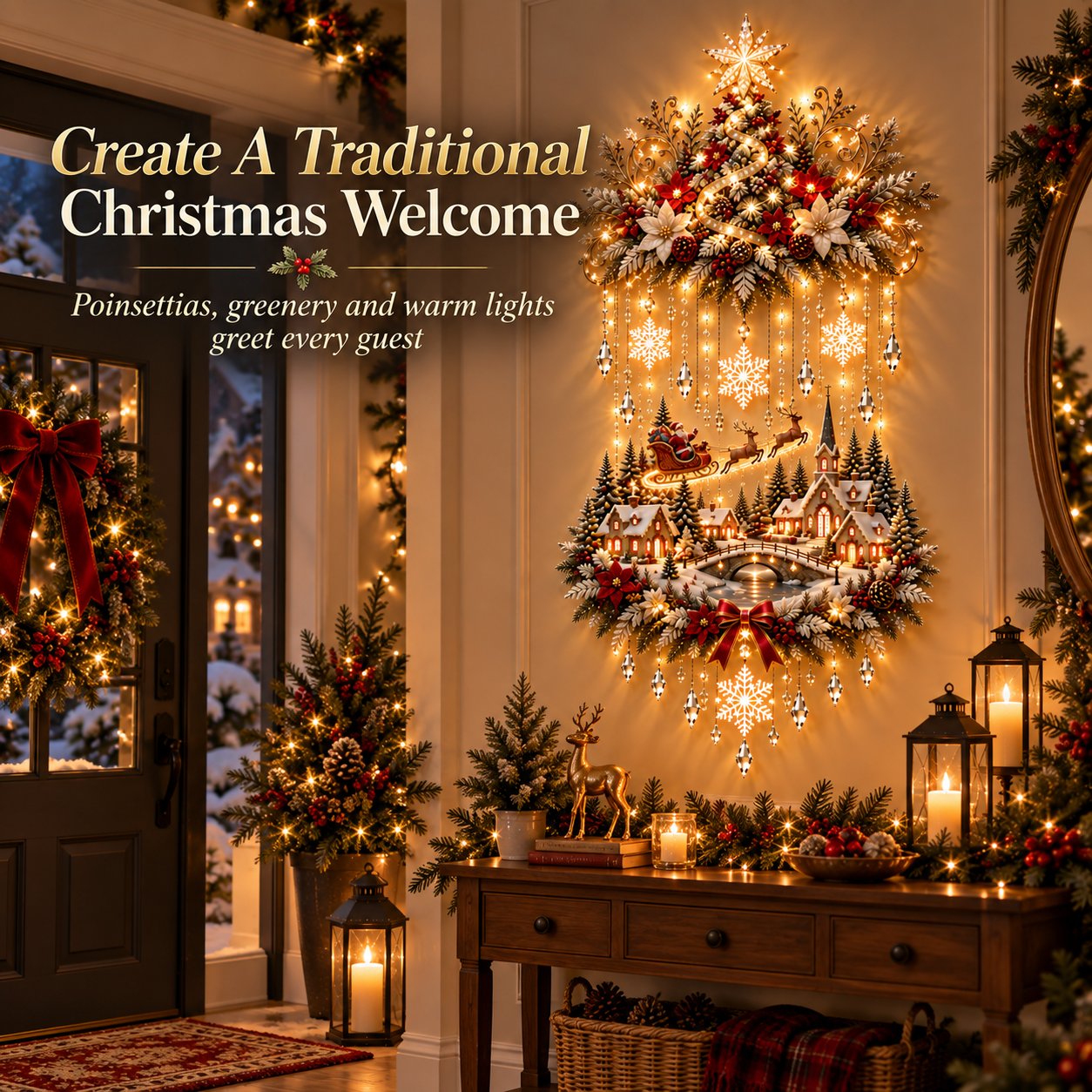 Traditional poinsettia greenery and gold Christmas details