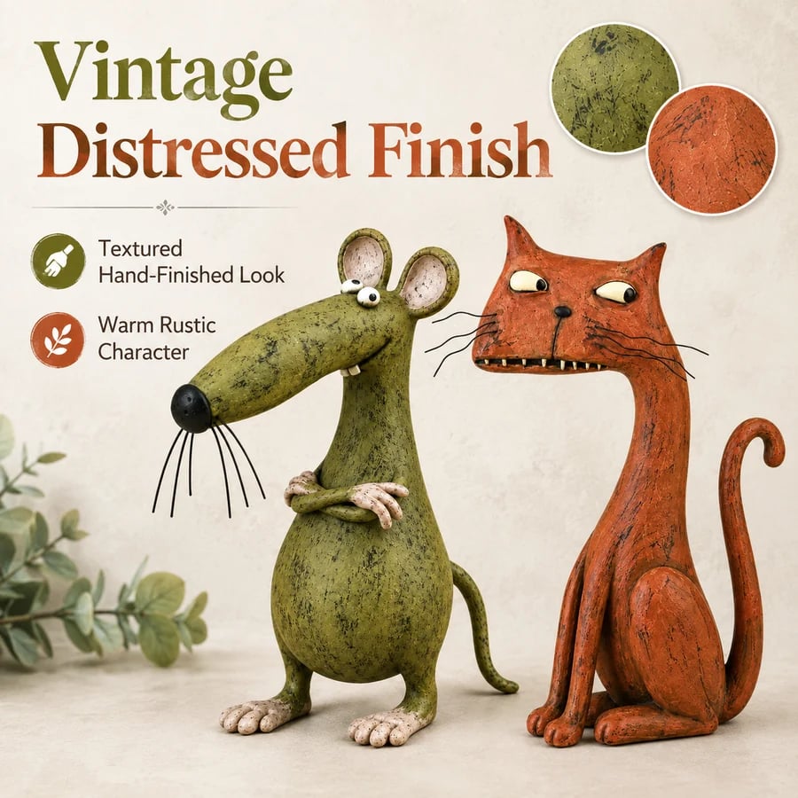 Close view of the vintage distressed finish on the animal figurines