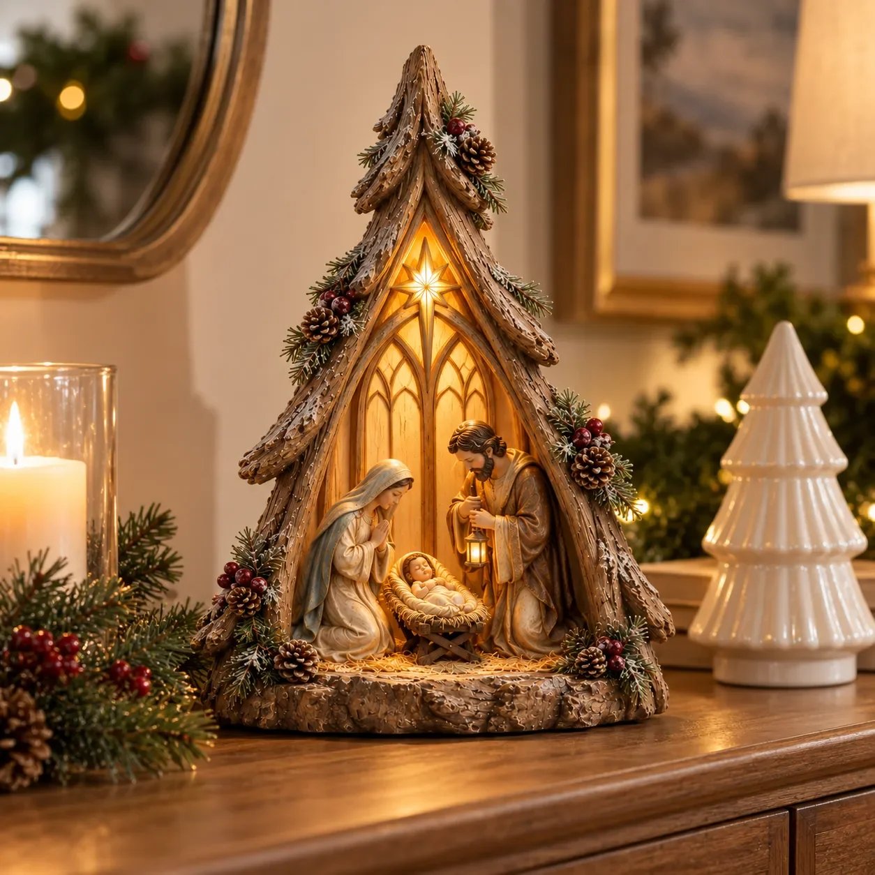 Nativity decoration in a cozy Christmas living room
