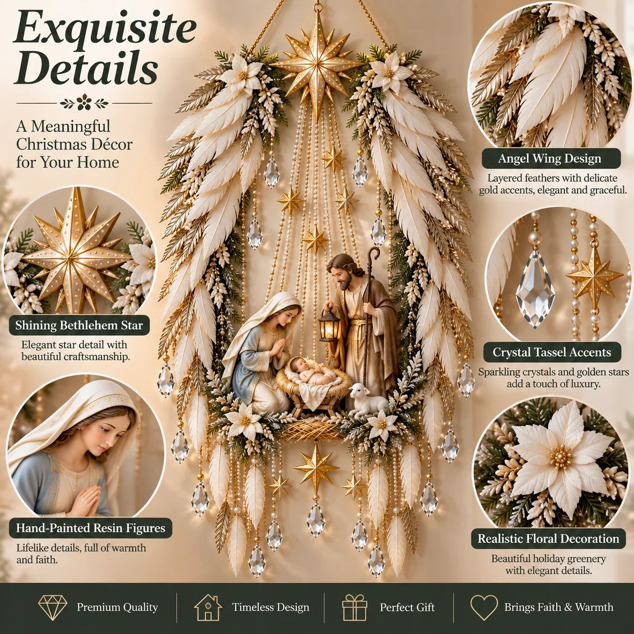 Detailed Bethlehem Star, angel wing design, crystal tassel accents and Nativity figures