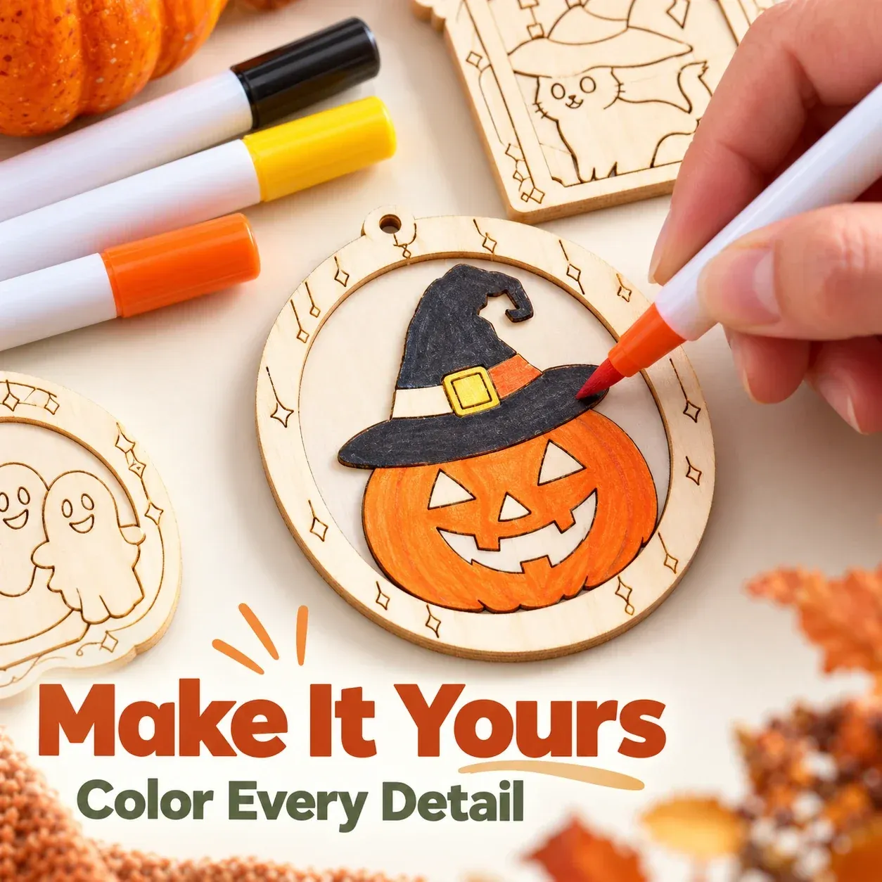 Close-up of a Halloween ornament being colored