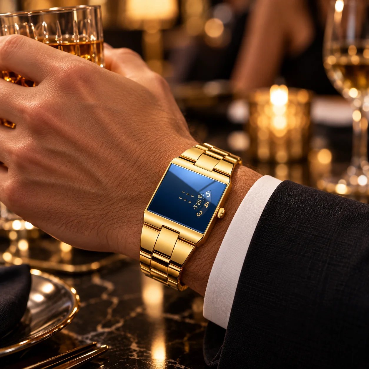 Men wearing an Ahlet square face watch in a refined business setting