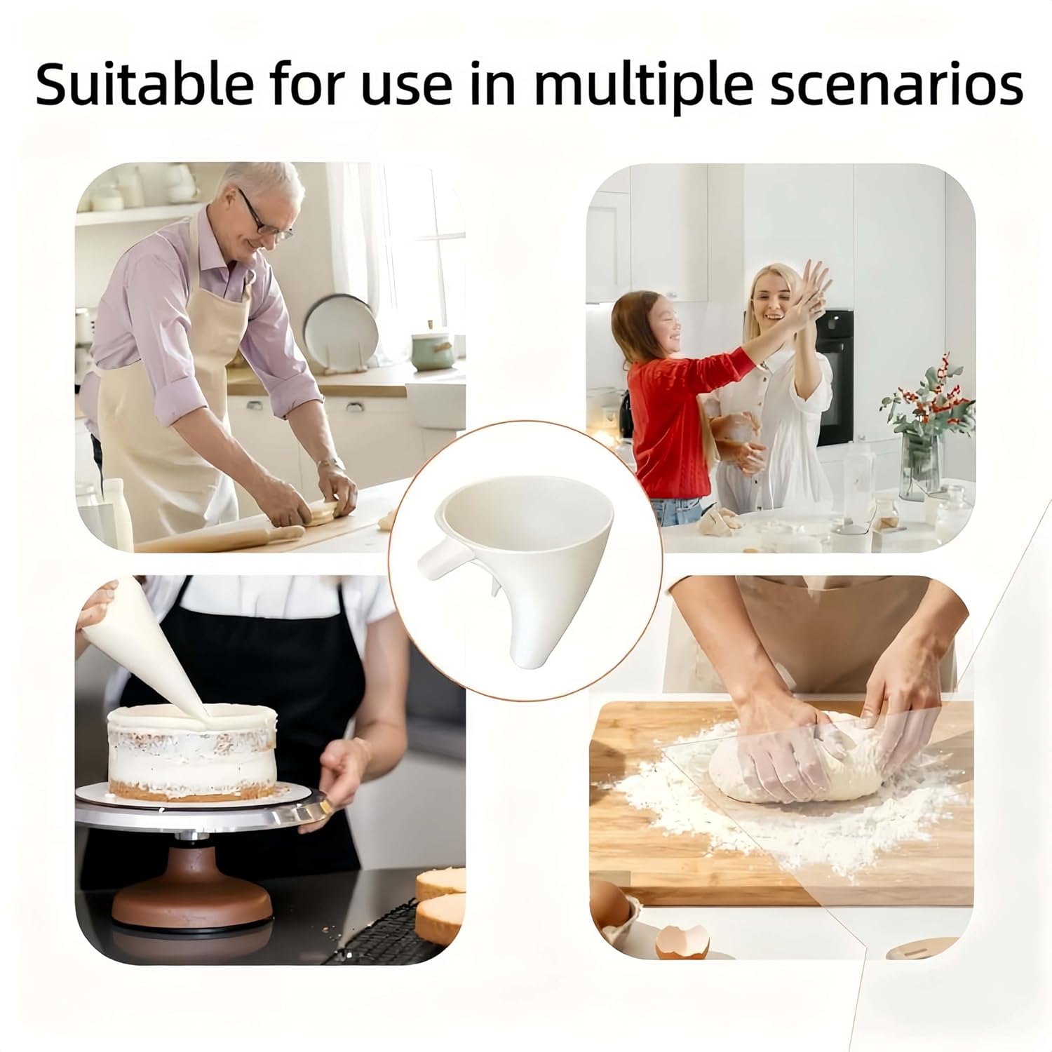 Home baker using the stand mixer funnel for cakes, cookies, bread and pastries