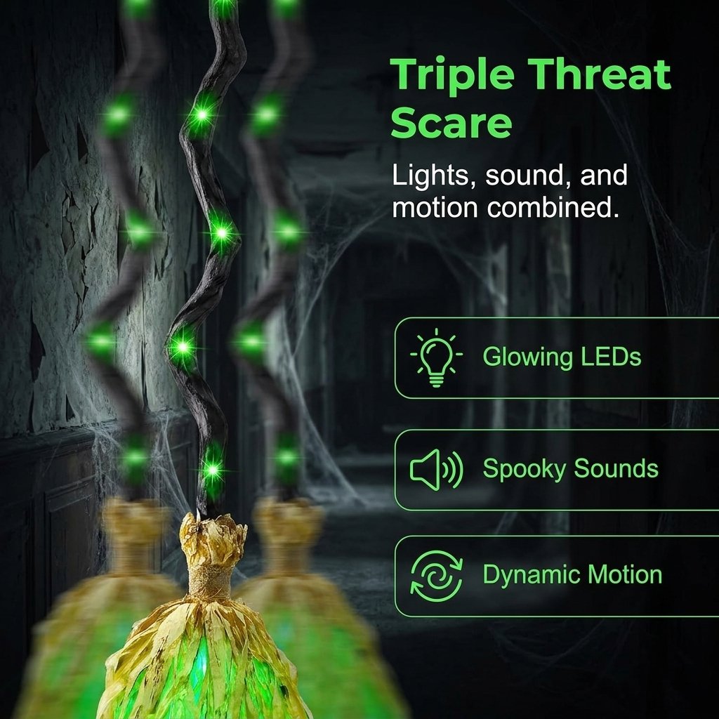 Halloween witch broom lights sound and dynamic motion features