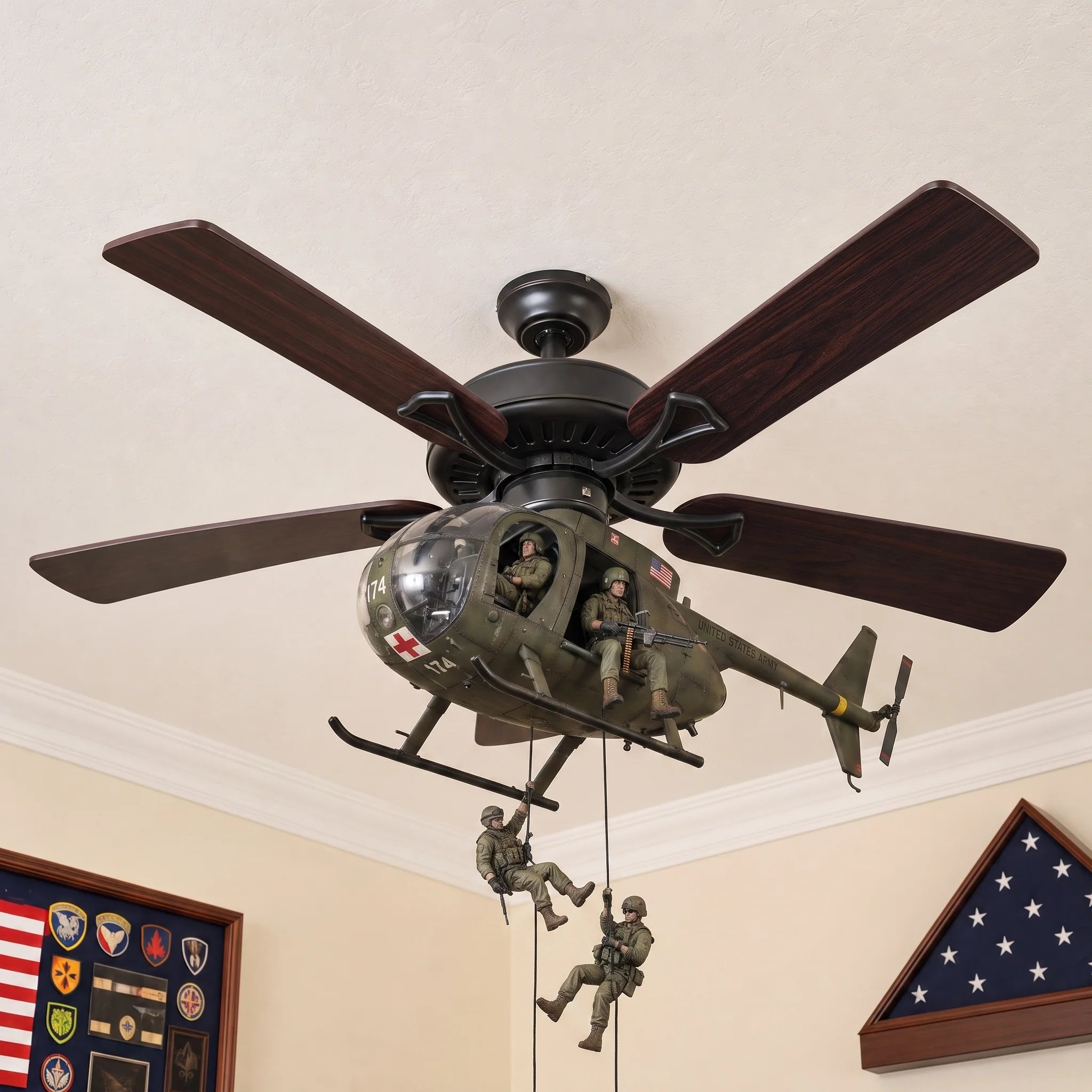 Military helicopter ceiling fan decoration displayed in a room Military helicopter ceiling fan decoration displayed in a room