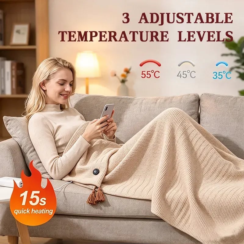 Apricot heated shawl with a product graphic showing three adjustable temperature levels