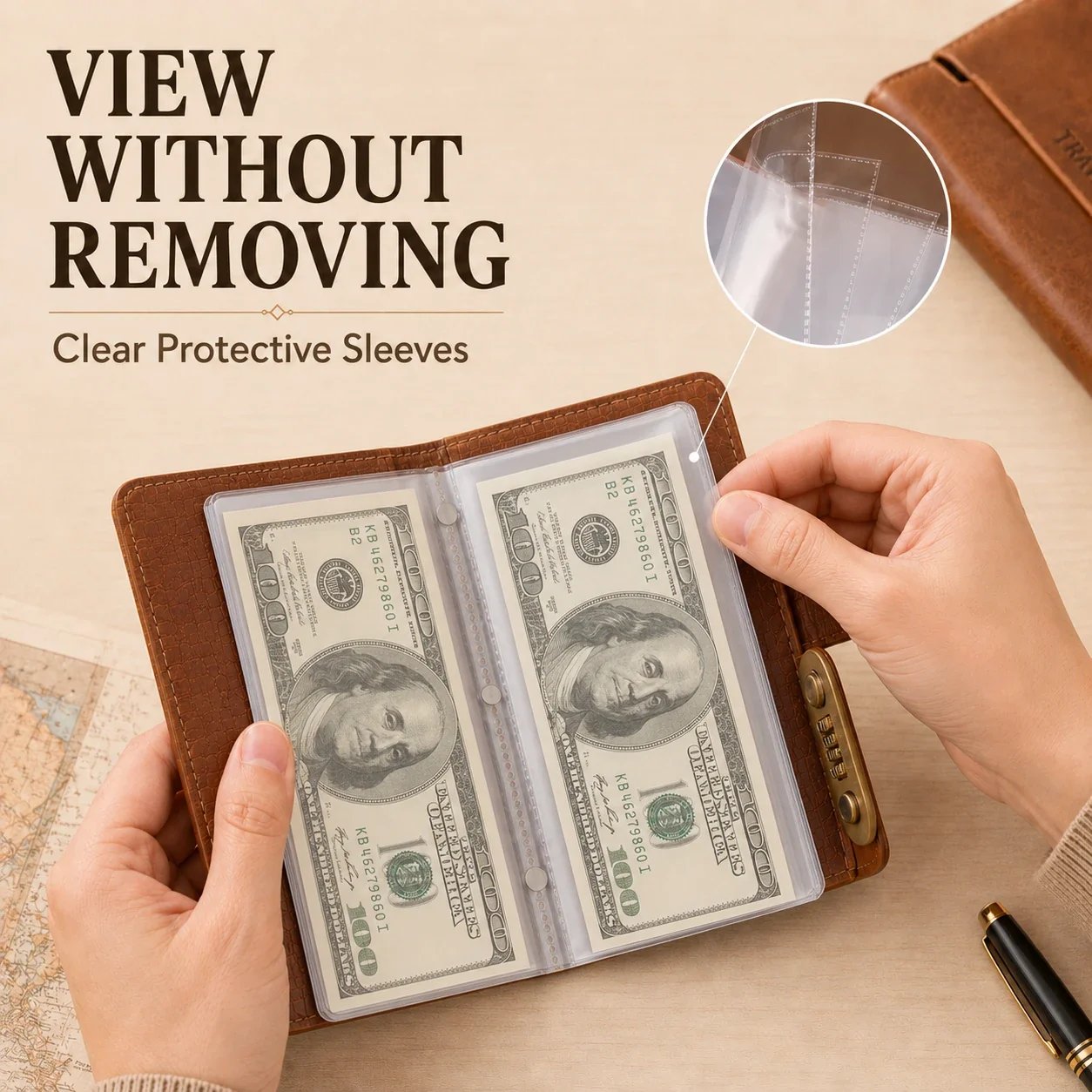 Clear protective sleeves displaying banknotes inside collection booklet