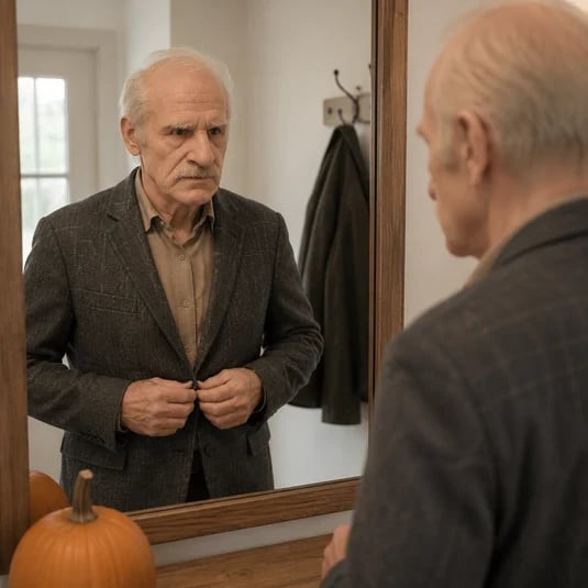 Costumed character checking the finished elderly look in a mirror
