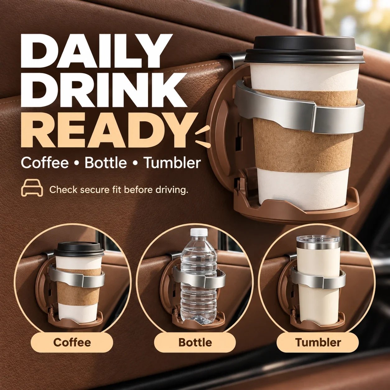 Car cup holder with coffee bottle and tumbler examples