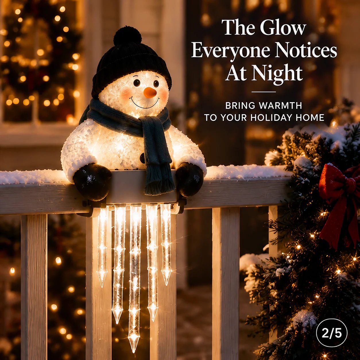 Glowing snowman Christmas railing light at night Glowing snowman Christmas railing light at night