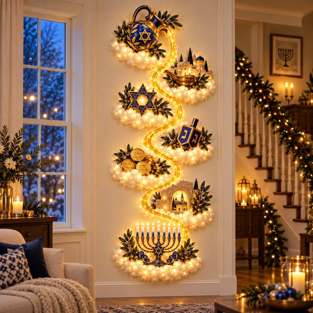 Glowing Hanukkah wall scene with menorah dreidel Star of David and city details