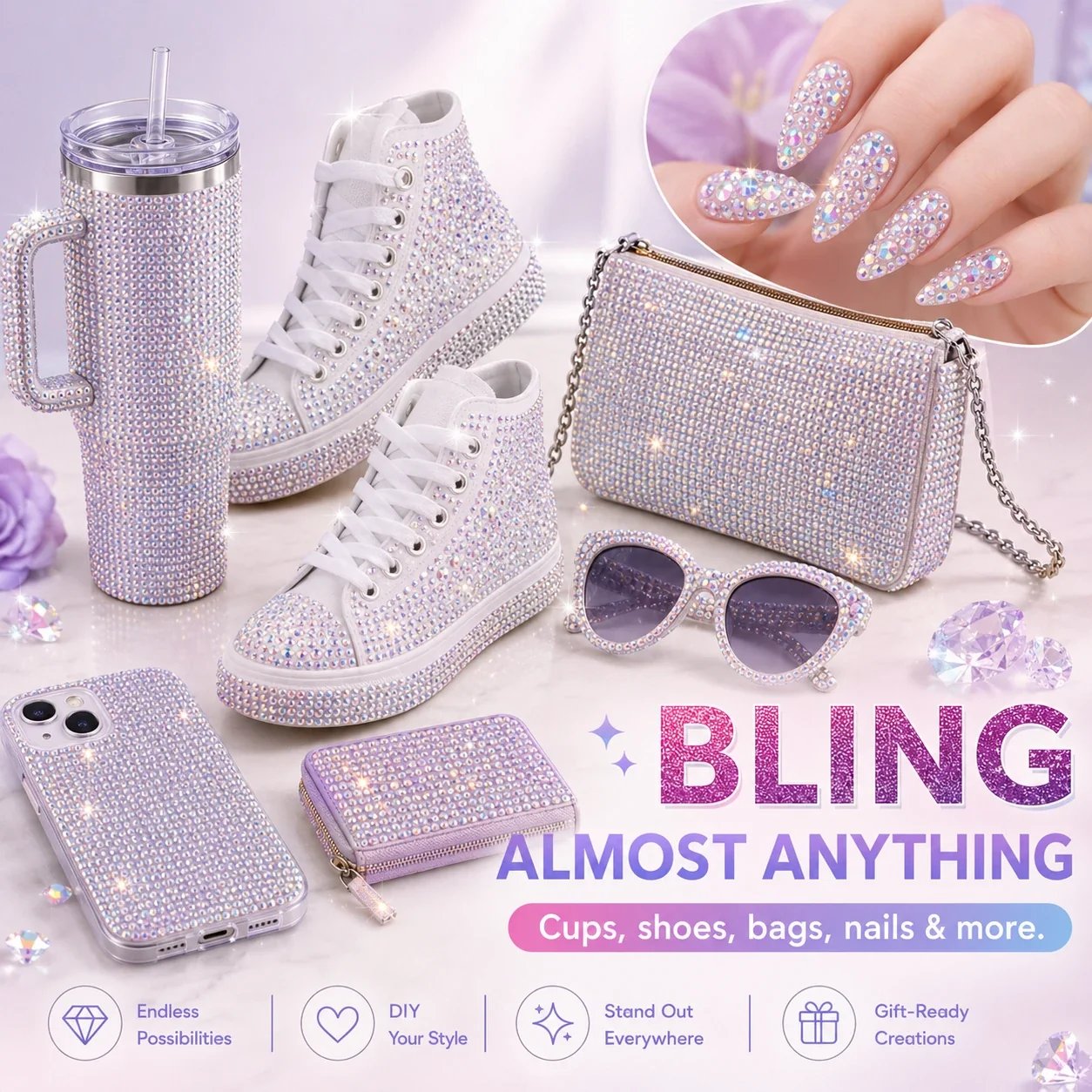 Rhinestones used on cups shoes bags nails and more