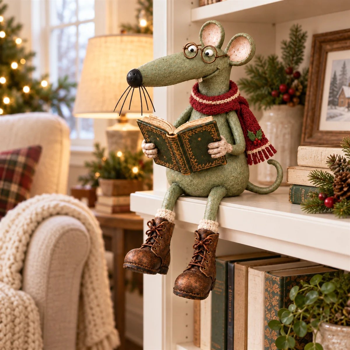 Reading mouse on a bookcase beside a comfortable reading chair