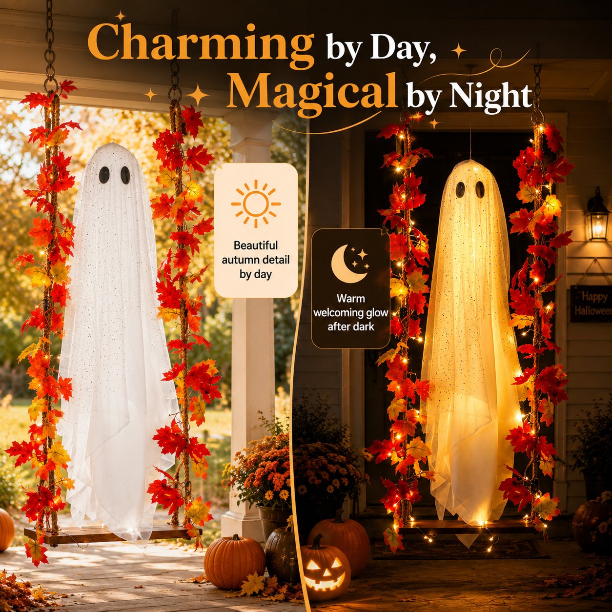 Halloween ghost swing during the day and at night