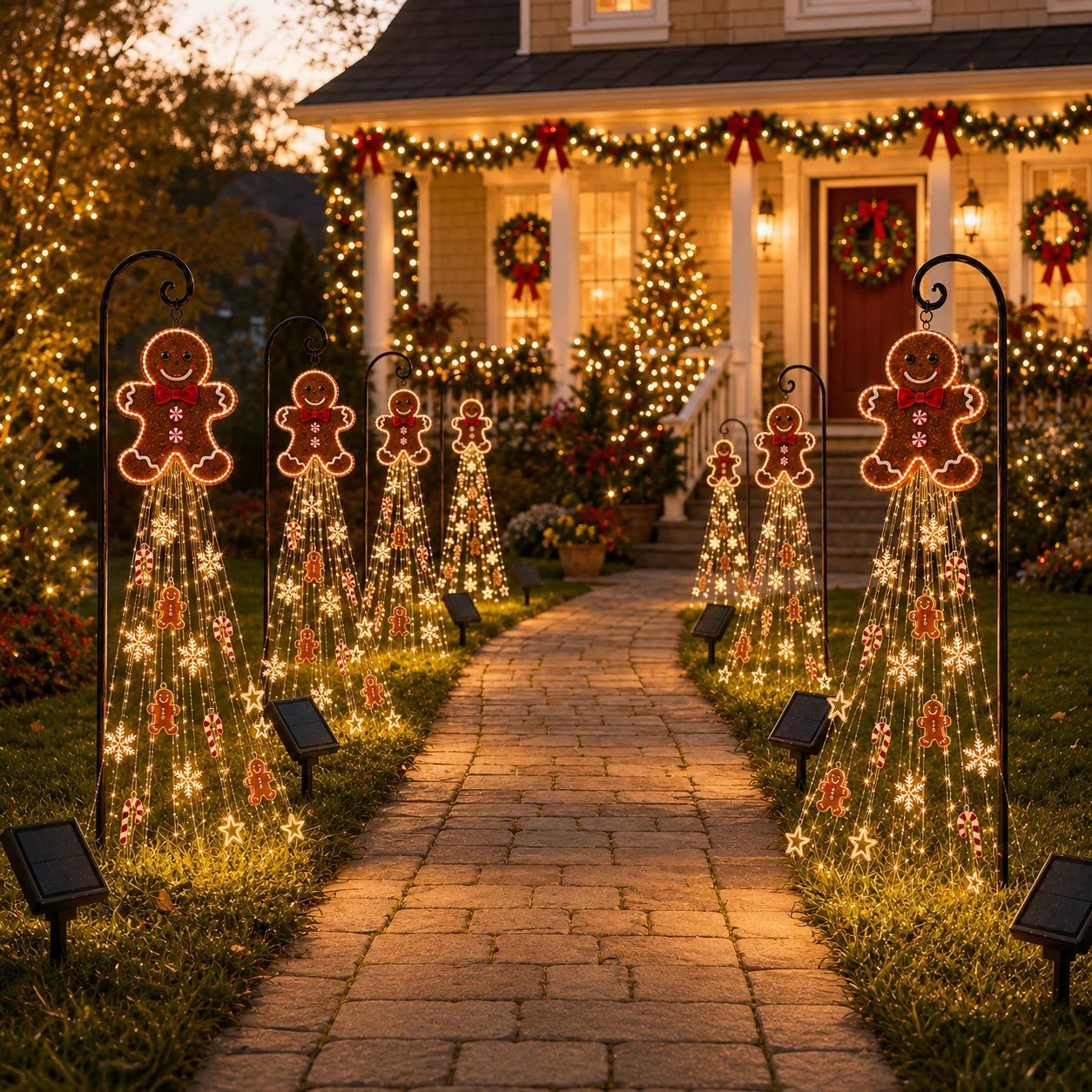 Multiple Gingerbread Starfall lights along walkway