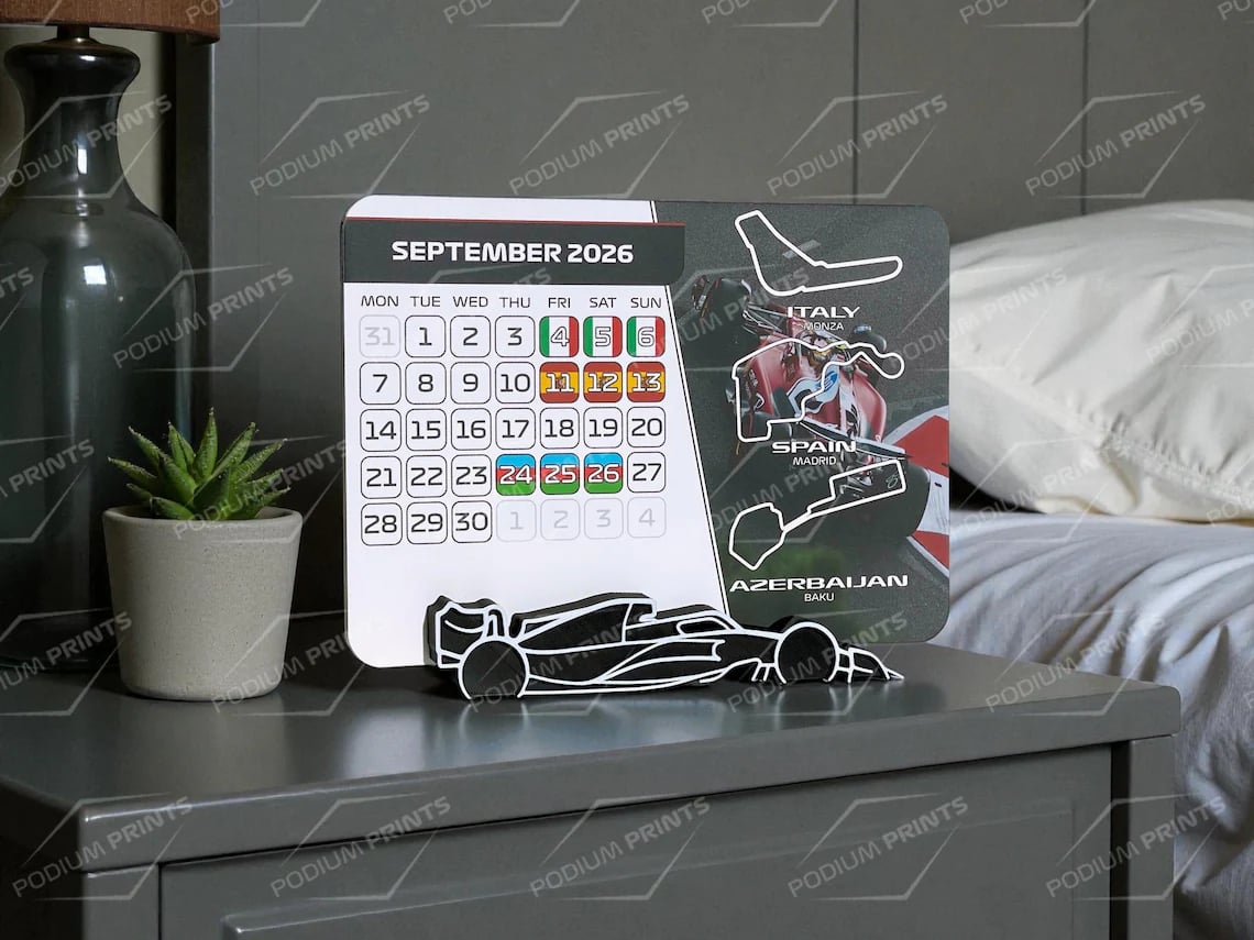 Formula 1 2026 Calendar with F1 race schedule, featuring all 2026 Grand Prix weekends. Includes a custom F1 car stand and 12 premium cardstock pages. Perfect gift for Formula 1 fans, F1 enthusiasts, and motorsport lovers. Ideal desktop accessory or stocking stuffer for the 2026 Formula One season. Handmade, minimalist, and designed for offices, desks, or home decor. Great Formula 1 gift idea for birthdays or Christmas. Formula 1 2026 Calendar with F1 race schedule, featuring all 2026 Grand Prix weekends. Includes a custom F1 car stand and 12 premium cardstock pages. Perfect gift for Formula 1 fans, F1 enthusiasts, and motorsport lovers. Ideal desktop accessory or stocking stuffer for the 2026 Formula One season. Handmade, minimalist, and designed for offices, desks, or home decor. Great Formula 1 gift idea for birthdays or Christmas.
