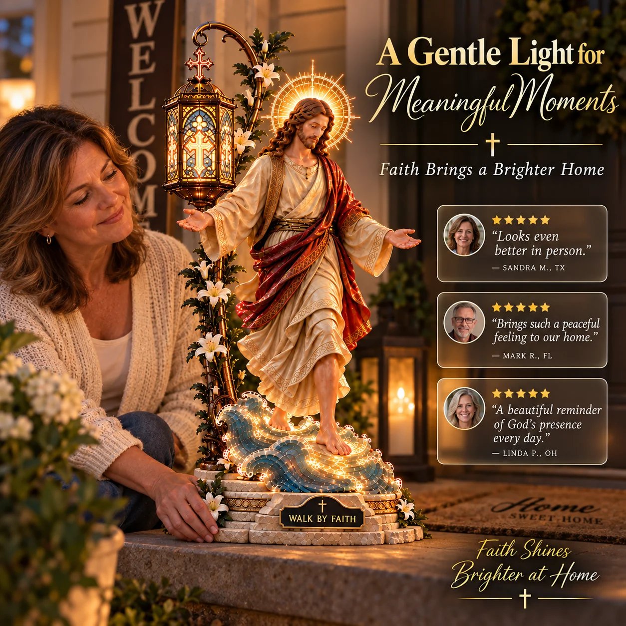 Walk by Faith Jesus light displayed beside a real person