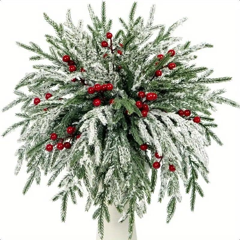 20pcs Artificial Norfolk Pine Branches and Red Fruits , Christmas Green Plants Select Norfolk Pine Stems False Pine Needles Branches for Vase Filling DIY Craft Wreath , Christmas Decorations