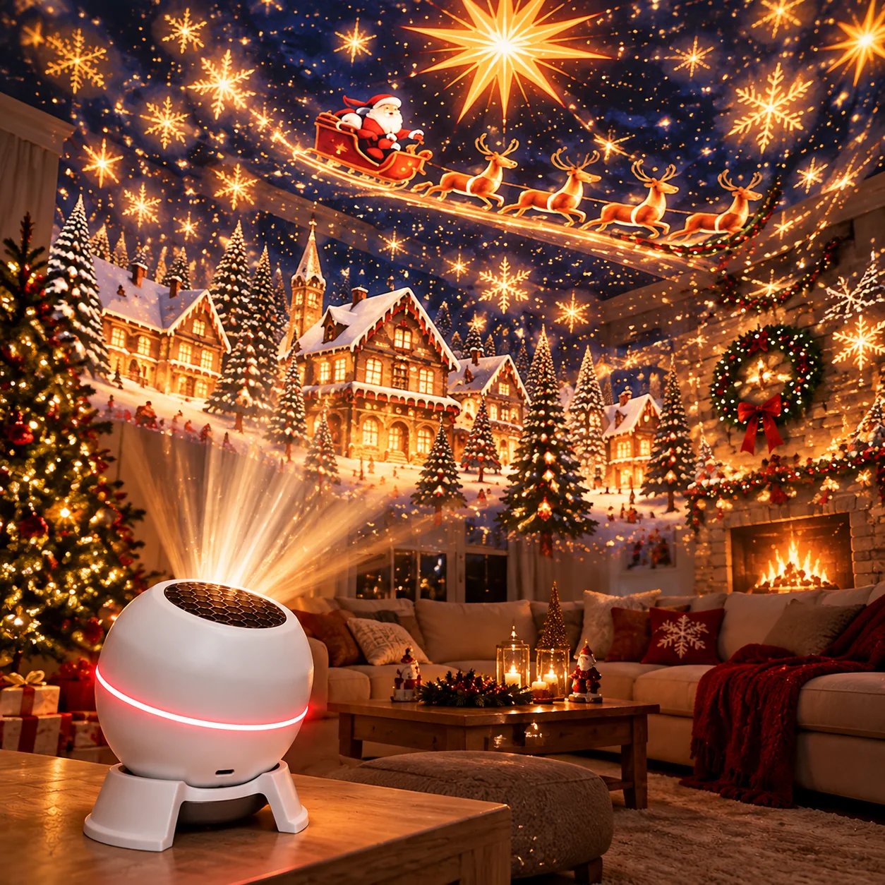 Warm Christmas projection across living room walls and ceiling