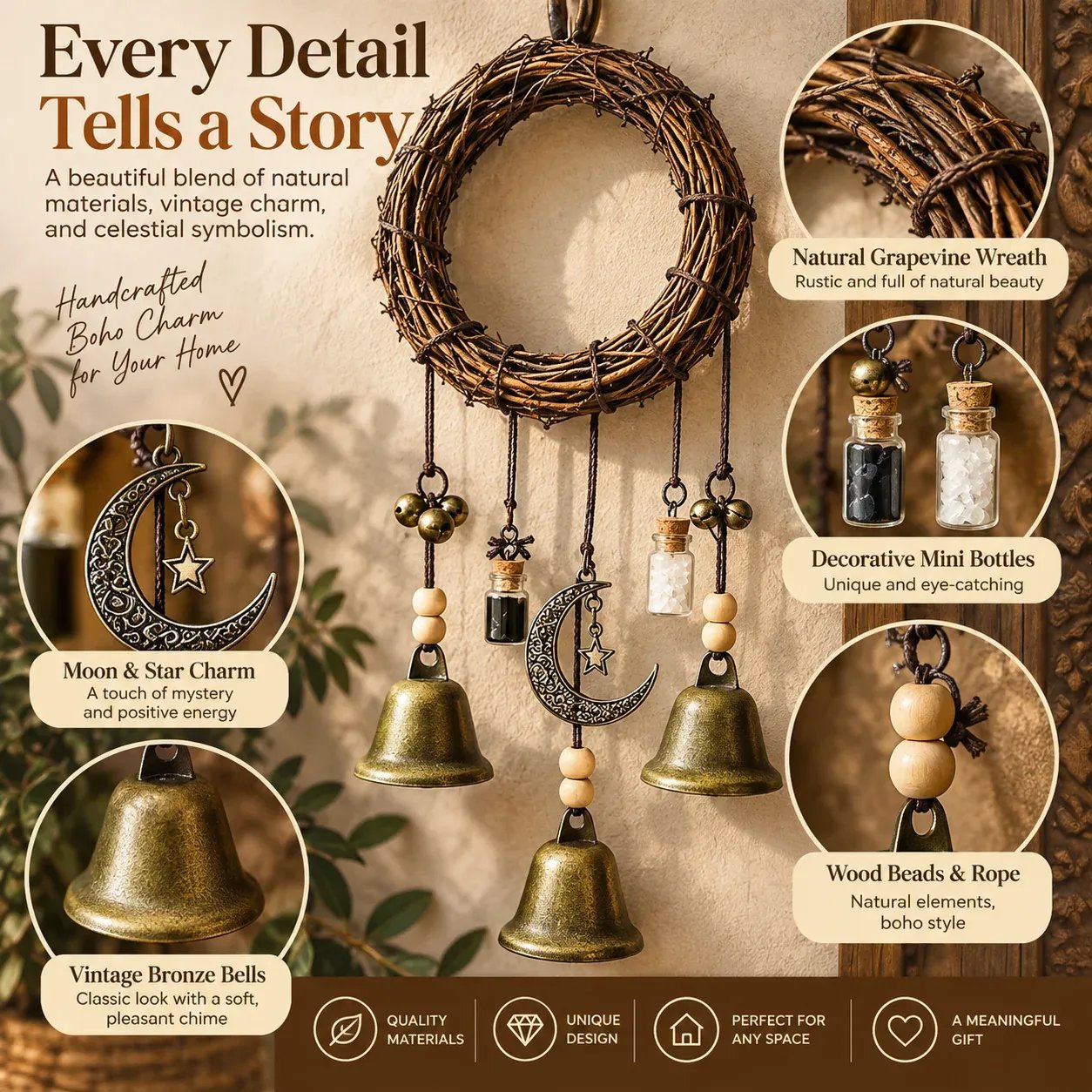 🌙🔔 Boho Moon & Bell Hanging Decor – Rustic Celestial Charm feature view