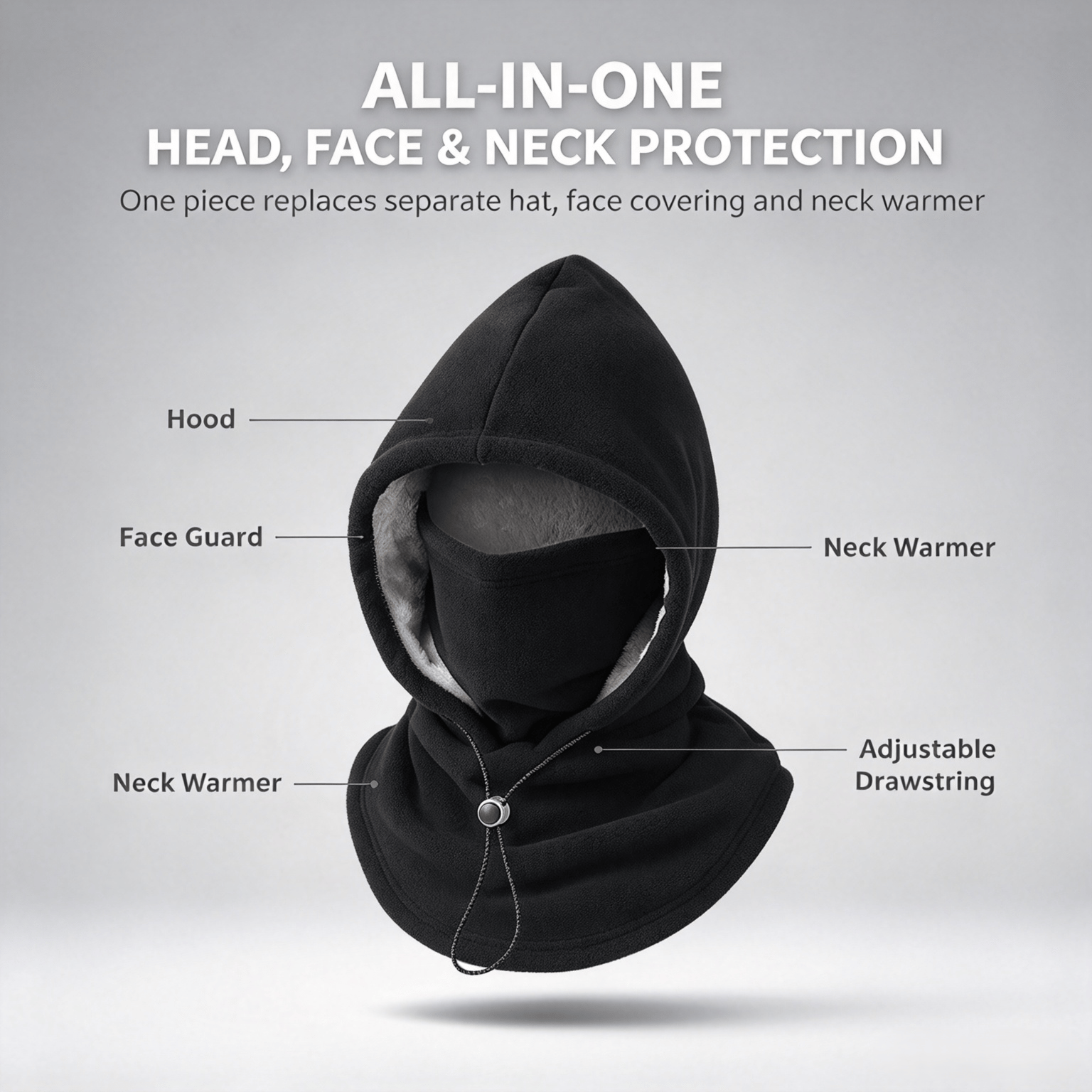 Product diagram showing hood, face guard, neck warmer and adjustable drawcord
