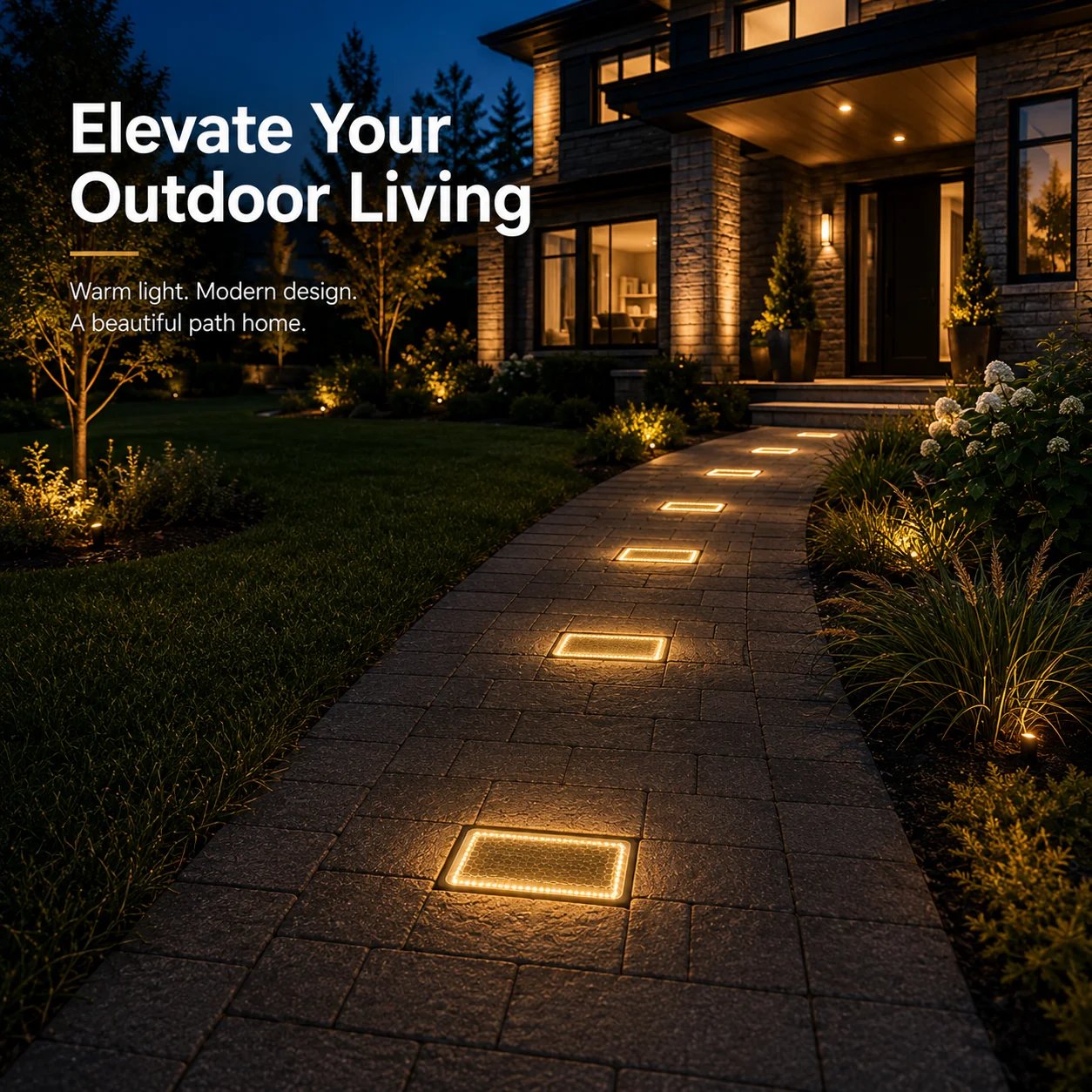 Modern home entrance illuminated with warm flush solar paver lights
