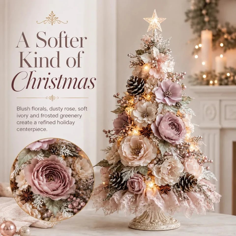 Blush and ivory flower details on the tabletop Christmas tree