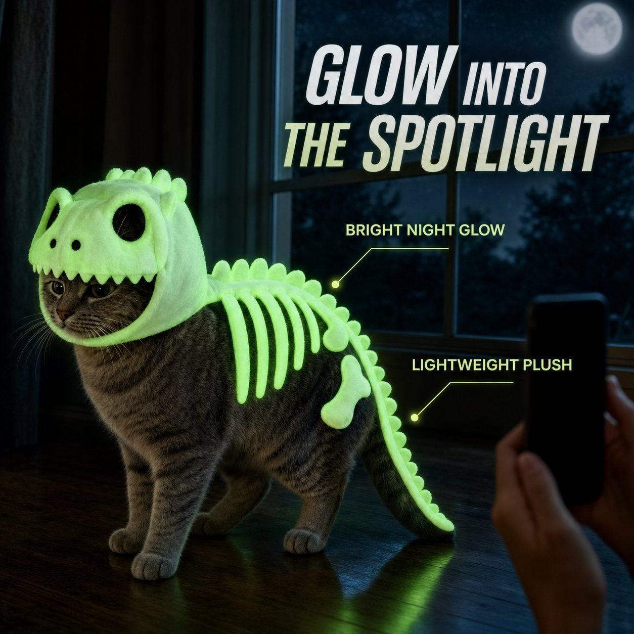 Cat wearing the dinosaur skeleton costume as the plush bones glow at night