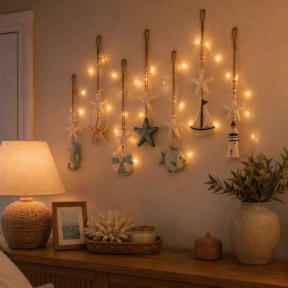 Seaside wall hangings glowing indoors