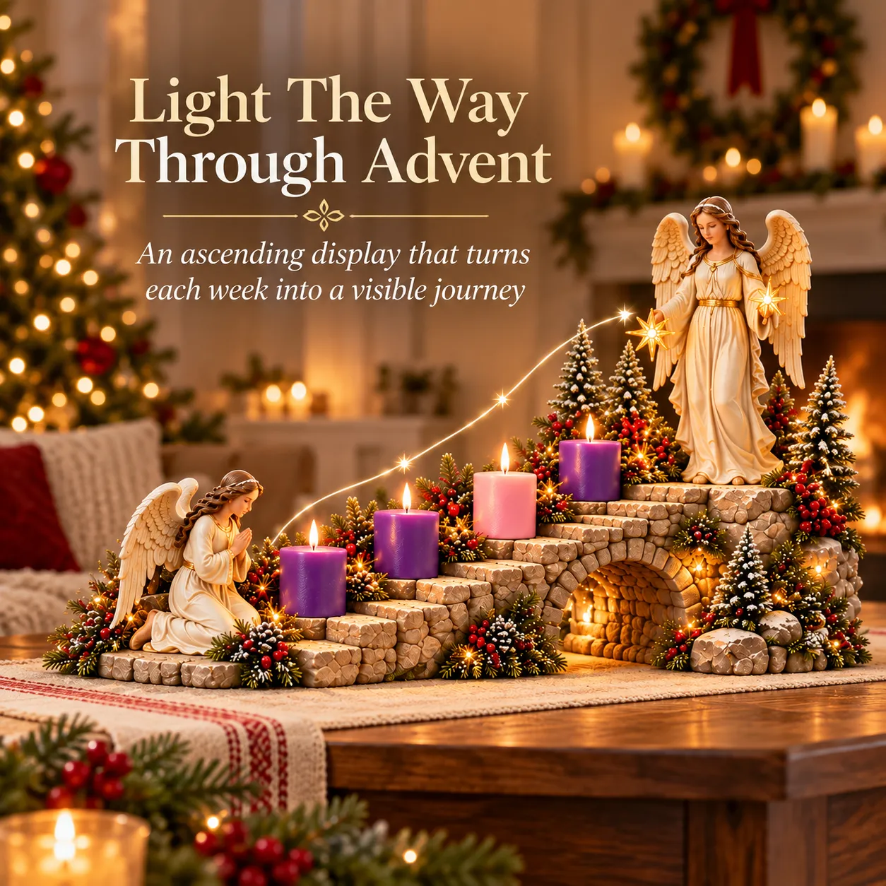 Four candles ascending along the stone-look Advent stairway