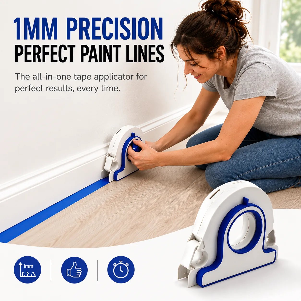 Painter's tape applicator with 1mm guided spacing for straight tape alignment