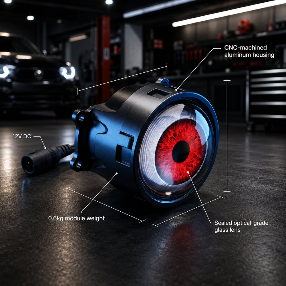Demon Eye projector installation steps including positioning wiring testing and resealing