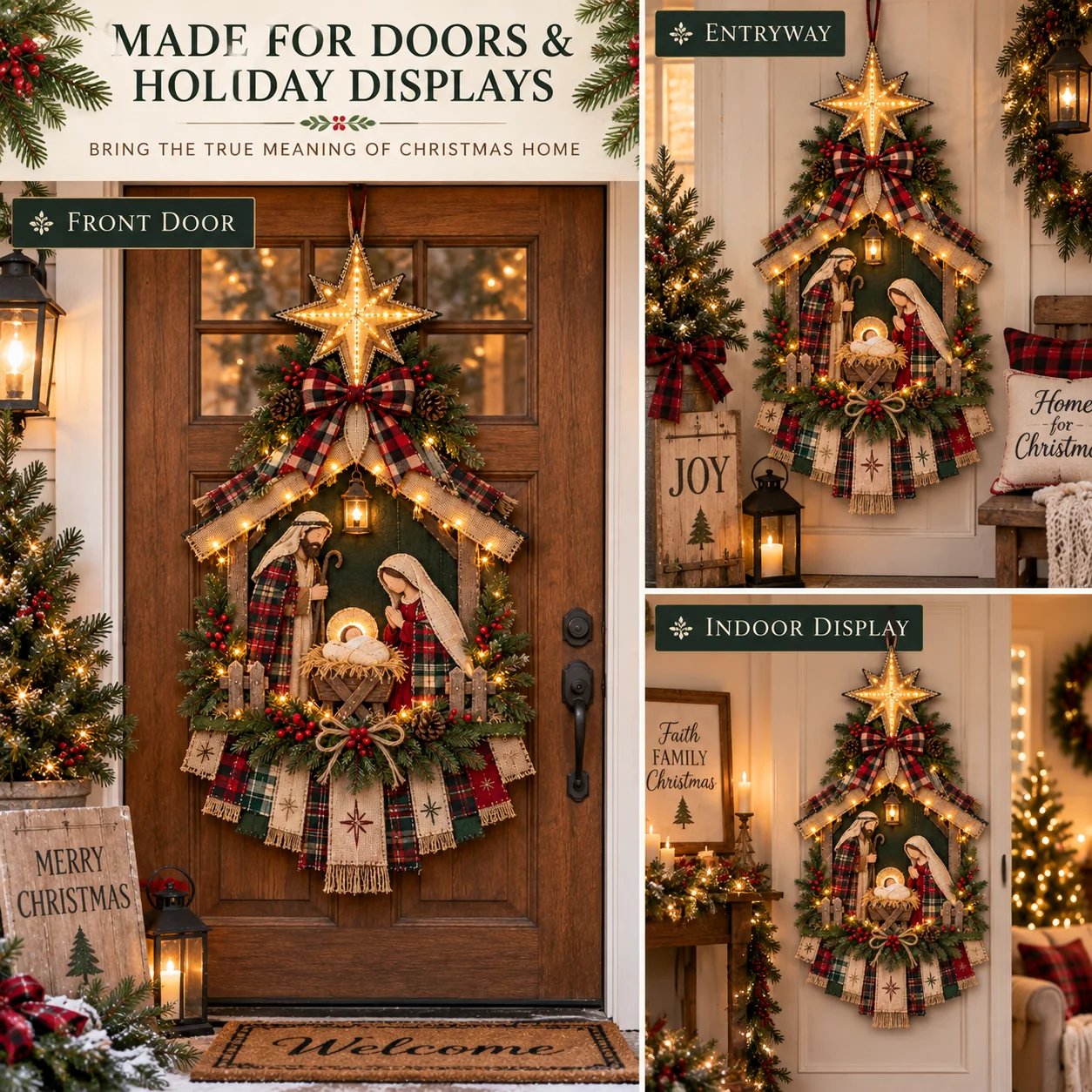 Nativity door hanging displayed on front door entryway and indoor wall