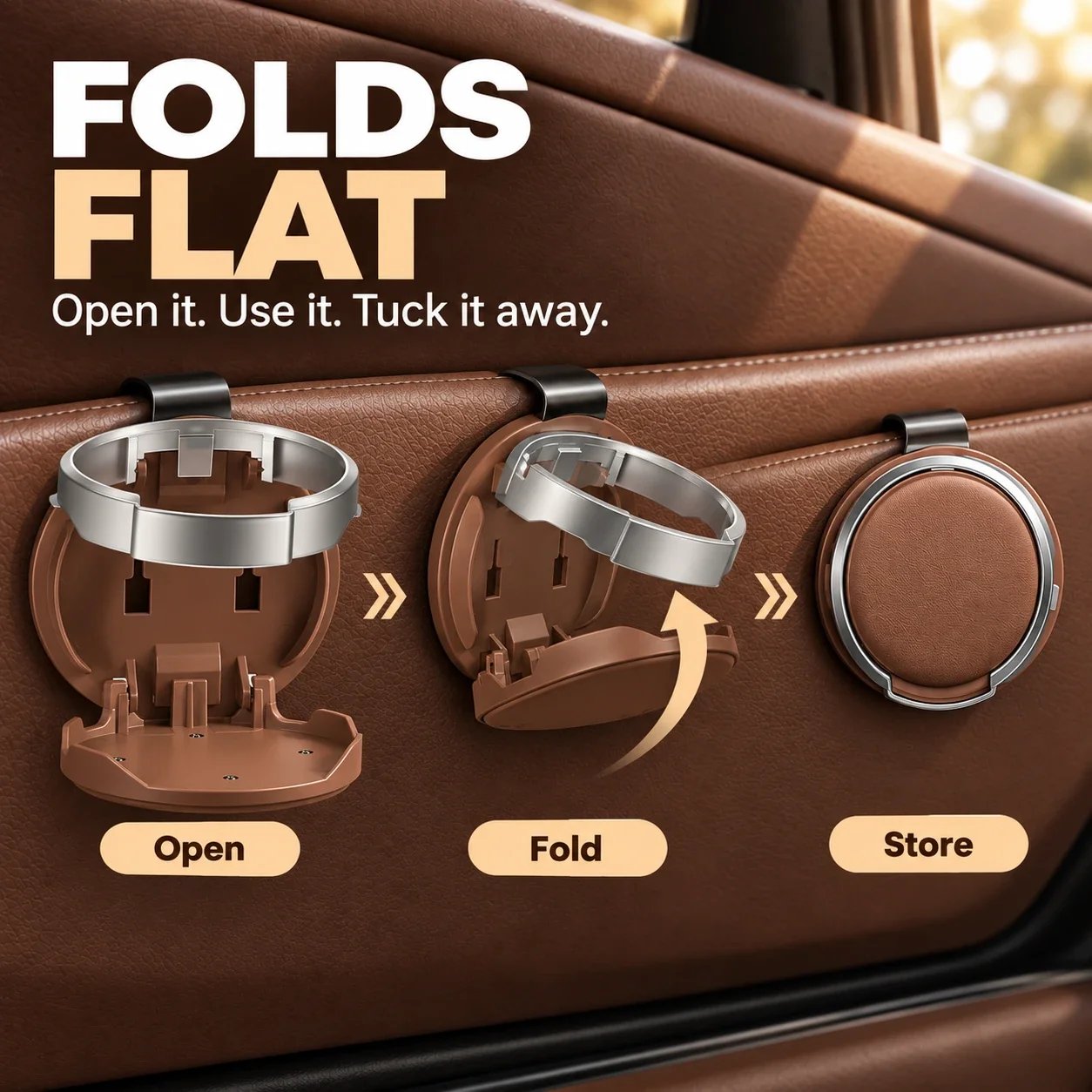 Foldable car cup holder open fold and store sequence