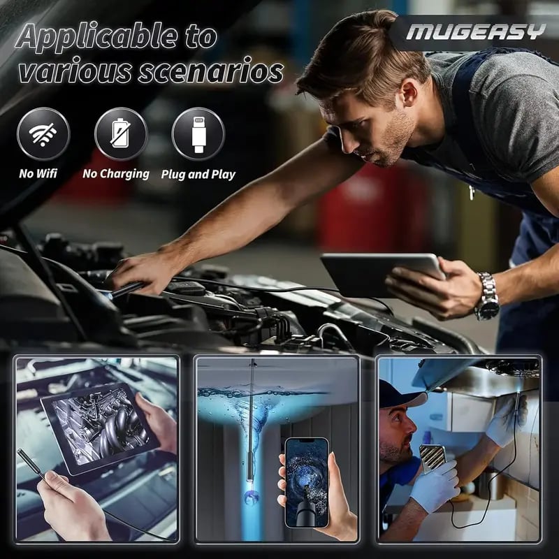 8 LED lights probe inspecting dark engine cylinder compartment