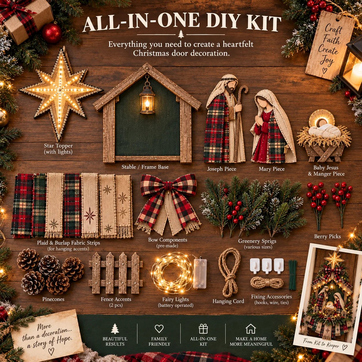 All-in-one DIY Nativity door hanging kit components