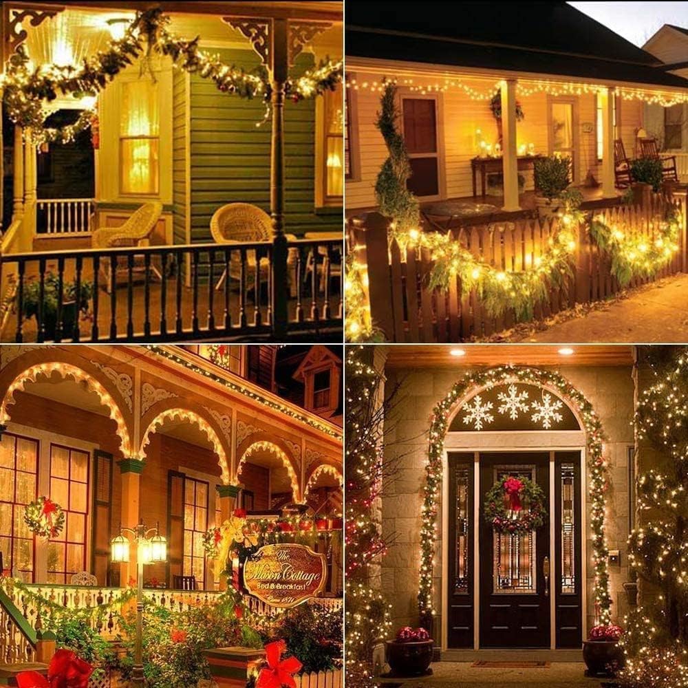 Solar string lights decorating a home and garden at night