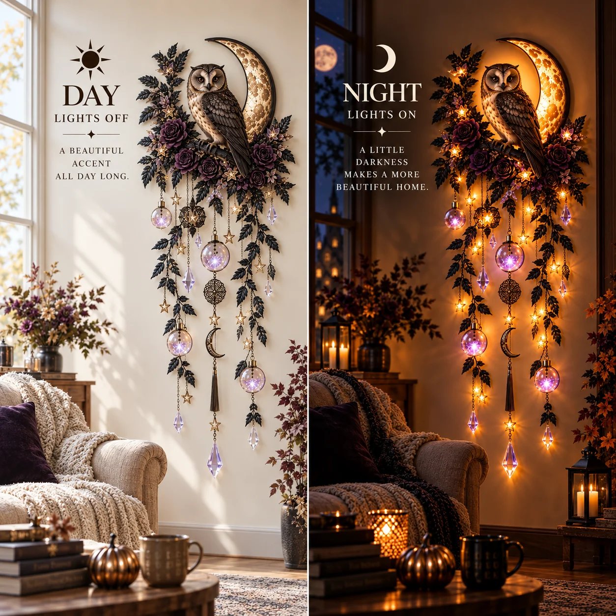 Owl wall decor shown during day and night