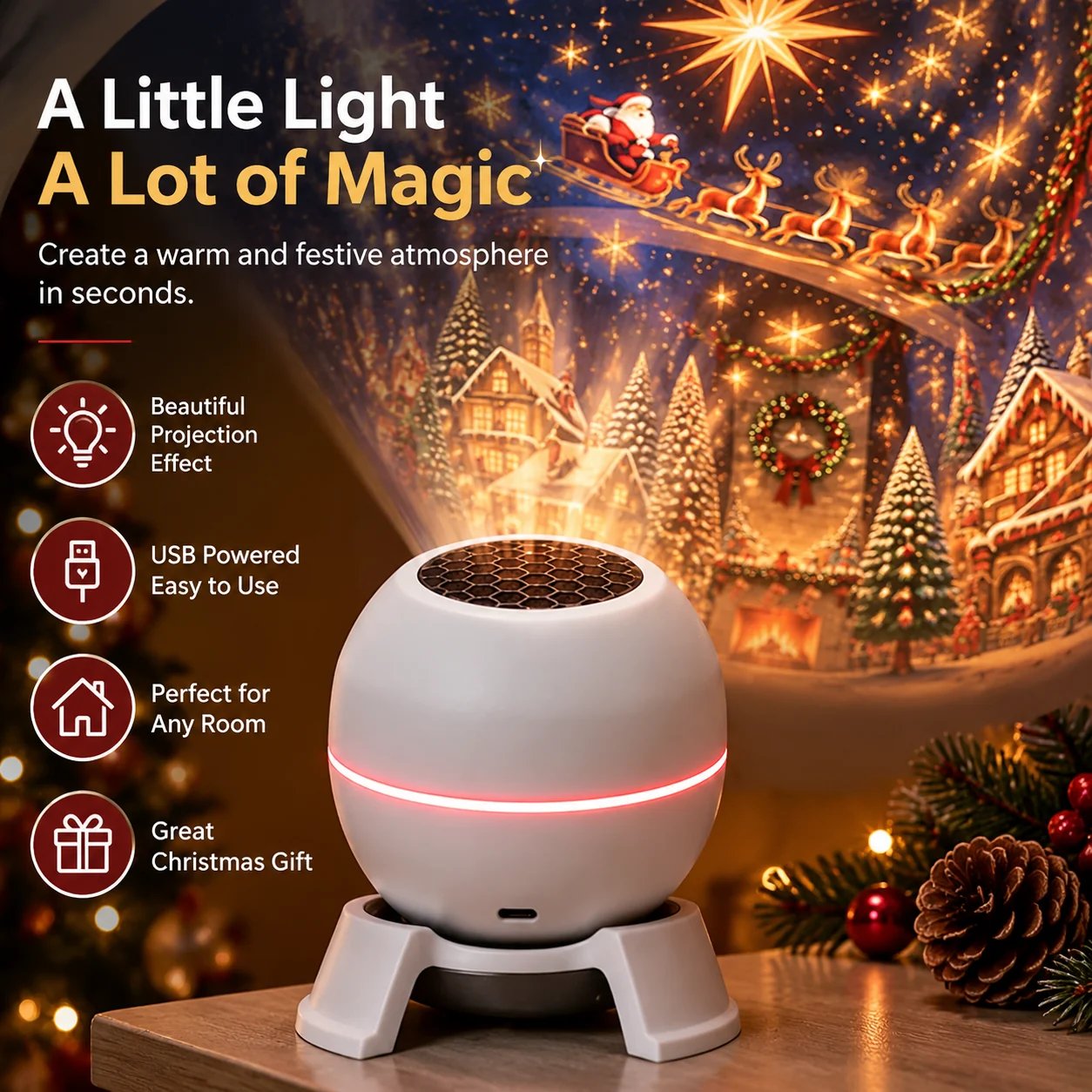 Christmas projection night light with USB power and festive projection