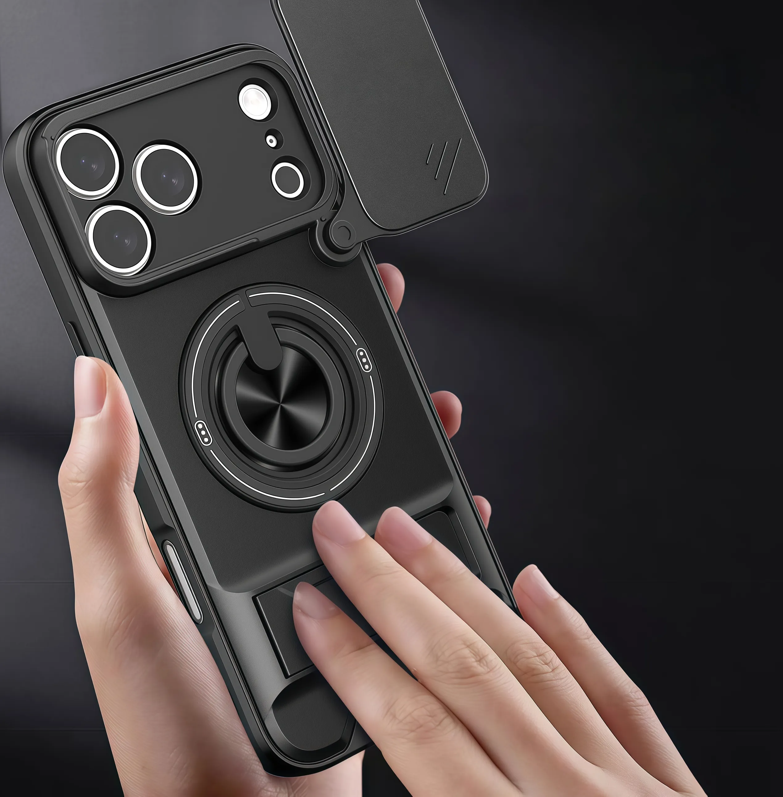 Close-up of the textured black phone case being held in the hand
