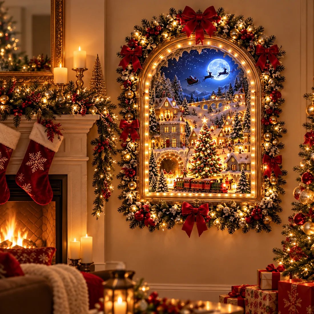 Glowing Christmas village wall decoration styled beside a fireplace and Christmas tree